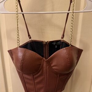 Brown Faux Leather Bustier Top & Skirt